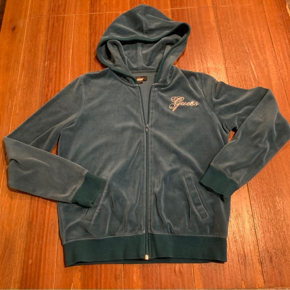 Guess Women’s Teal Blue Velour Hoodie Track Jacket L